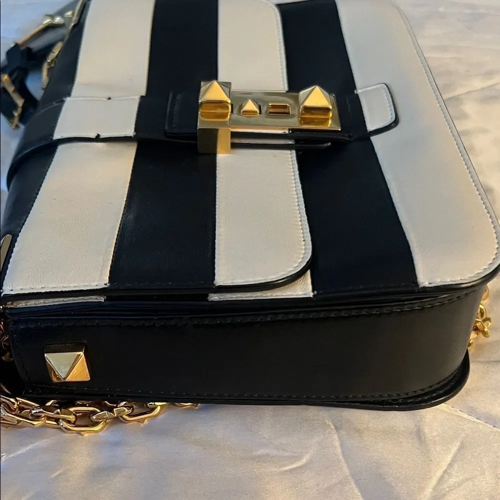 Valentino Garavani Napa Striped B-Rockstud Shoulder Bag with Gold Chain Strap